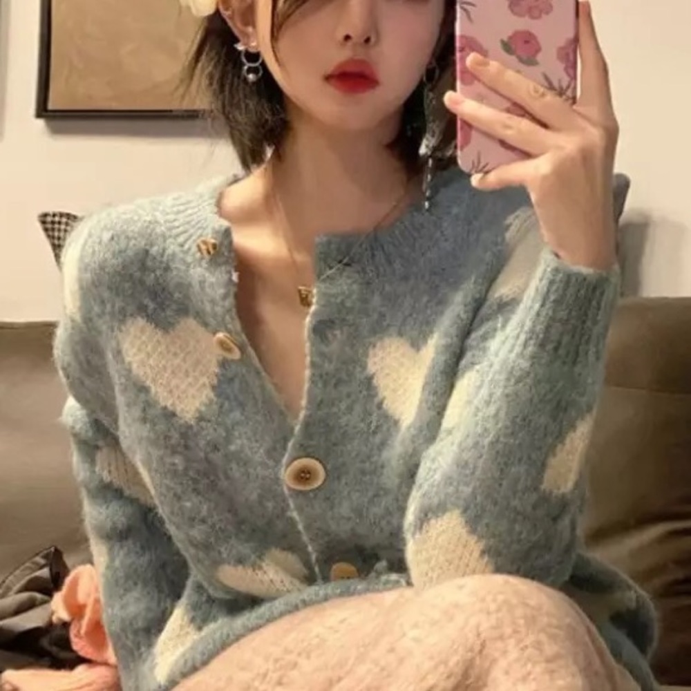 Cardigan sweater heart blue knit button womens winter thick sweater Long sleeve